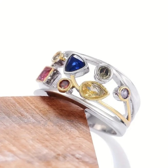 Elegant Multi-color Stone Silver and Gold Ring - Picture 6 of 13